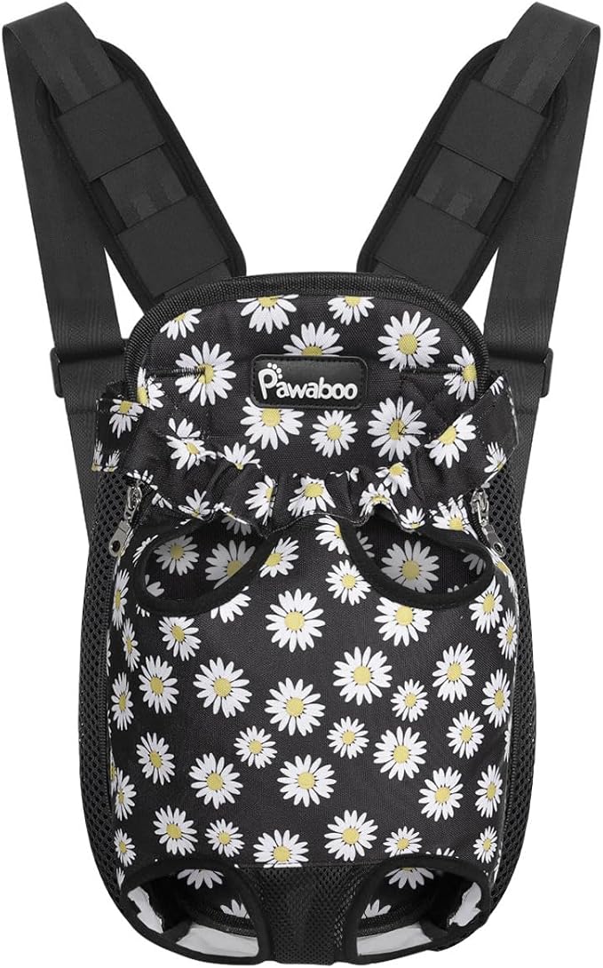 Pawaboo Pet Carrier Backpack, Adjustable Pet Front Cat Dog Carrier Backpack Travel Bag, Legs Out, Easy-Fit for Traveling Hiking Camping for Small Medium Dogs, Large Size, Black Daisy