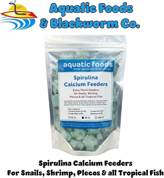 Aquatic Foods Inc. Spirulina Enriched Calcium Feeders for Shrimp, Snails, Crabs, Crayfish, Pleco, Catfish, All Tropical Fish…50 Count Bag