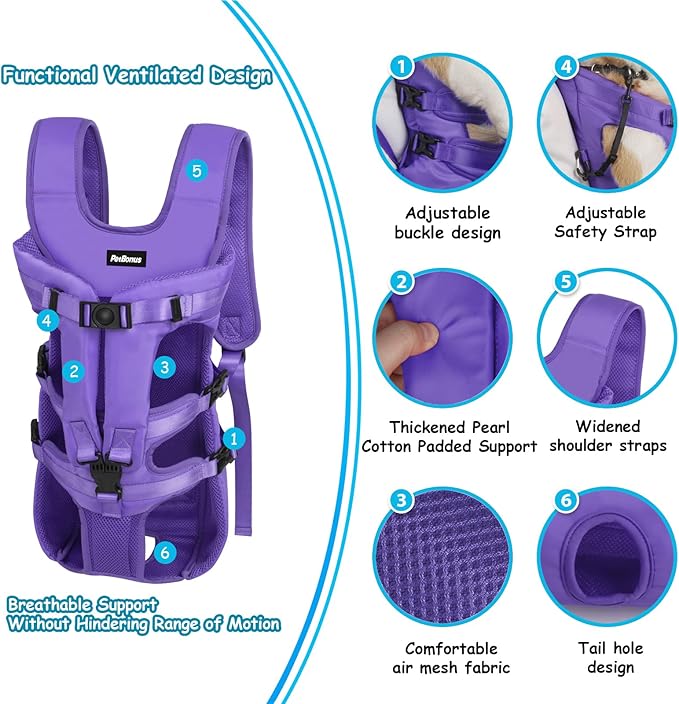 PetBonus Pet Front Dog Carrier Backpacks, Adjustable Pet Backpack, Legs Out Easy-fit Puppy Chest Carrier for Medium Small Dogs, Hands Free for Hiking, Cycling (Purple, L)