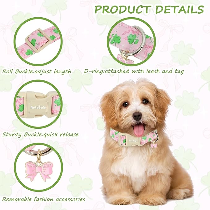 St. Patrick's Day Dog Collar,Pink Bow with Green Clover Puppy Collar,Adjustable Spring Cotton Collars Gifts for Small Medium Large Dogs,Dog Accessories L