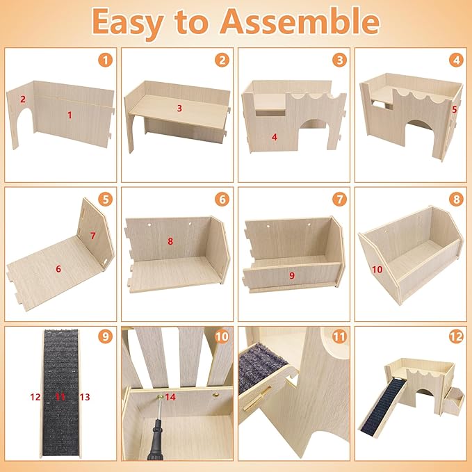 kathson Wooden Guinea Pig Hideout Sturdy Two-Layer Guinea Pig House Easy to Assemble Small Animal Hideout with Mat Ramp and Food Bowl for Hamsters Bunnies Hedgehogs Mice Playing Hiding