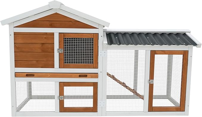 58-Inch Solid Wood Hutch/Cage for Indoor & Outdoor Use with Waterproof Roof – Suitable for Rabbits, Small Rodents & Pets, 2-Tier Design with Stairs and Removable Pull-Out Cleaning Tray（41314）