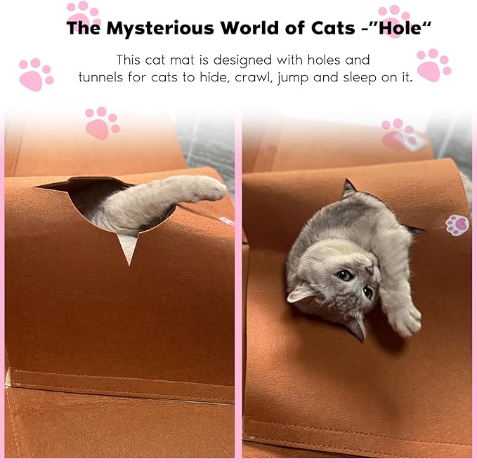 Interactive Cat Tunnel Mat for Indoor Cats, 4-Way Felt Cat Cave with Hanging Ball, Foldable Kitty Play Mat and Hideout, Pet Enrichment Toy for Kittens, Rabbits, Small Pets