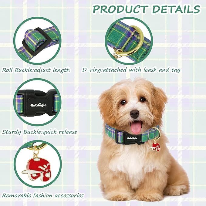 Dog Collar with Dark Green Striped Checkered for Spring Summer, Adjustable Cotton Puppy Collar for Small Medium Large Girl Boy Dogs-S
