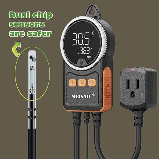 Temperature Controller, for Aquaculture or Plant Seedling, Pet Temperature Controller, Reptile Thermostat, with Overheat Protection and Dualensor Smart Protection