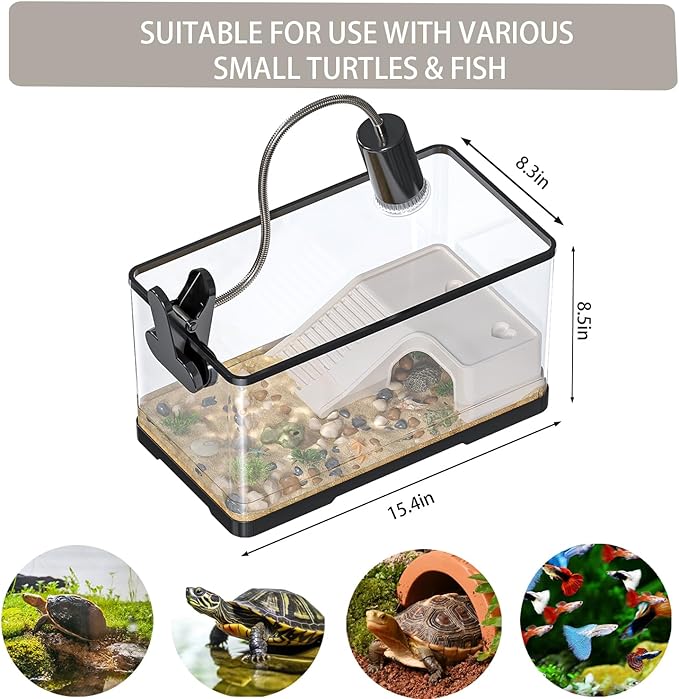 Large 4.7 Gal Turtle Tank Kit(Tank+Adjustable Light+5W Filter+Basking Platform),Upgraded Turtle Tank Starter Kit with UV Basking Platform Light for Crabs,Fishes,Amphibians,Reptiles(15.4*8.5*8.35 Inch)