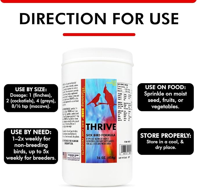 Morning Bird Thrive 16 Oz - Multi-Vitamin Bird Supplement Designed for Immune and Recovery Support - Formulated for Sick or Injured Birds - Protein Supplement and Energy Booster for All Adult Birds