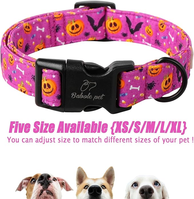Halloween Dog Collar, Cute Pumpkin Bat Pattern Halloween Purple Puppy Collar, Soft Adjustable Cotton Dog Collars for Small Medium Large Boy&Girl Dogs S