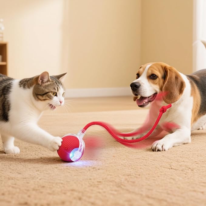 Interactive Electric Automatic Rolling Moving USB Rechargeable Self Activated Play Stimulation Toy Smart Chase Teaser Ball with Speedy Tail Rope for Bored Adult Indoor Cats and Dogs, Yellow
