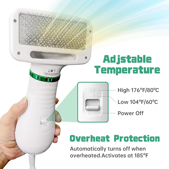 Dog Hair Dryer, 2-in-1 Dog Blow Dryer with Slicker Brush, 300W Pet Hair Dryer for Small and Medium-Sized Dogs and Cats, Dog Grooming Dryer Portable ＆ Adjustable Temperature
