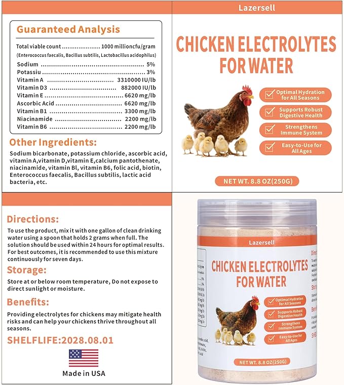 Chicken Electrolyte for Water, Ideal for Hydration, Immunity, Digestive Health, Chicken Vitamins, Electrolytes, and Probiotics, Multipurpose Poultry Vitamins for Chickens, Ducks, Turkeys, 8.8 OZ