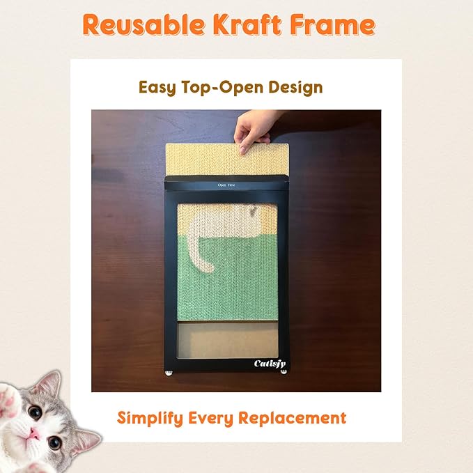 Wall Art Cat Scratcher, Decorative Vertical Cat Scratching Board, 17x12 Framed Cardboard Scratch Pad with Renter-Friendly No-Drill Wall Mount, Indoor Cat Toy & Furniture Protector(Yawning Kitty) 1