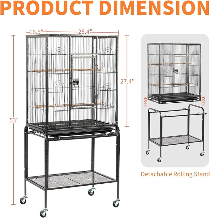 VINGLI 53-inch Large Bird Cage with Rolling Stand, Durable Wrought Iron Parakeet Cage with Slide Out Tray, Black Bird Cages for Parakeets/Lovebird/Cockatiels/Budgies and Other Small/Medium Birds