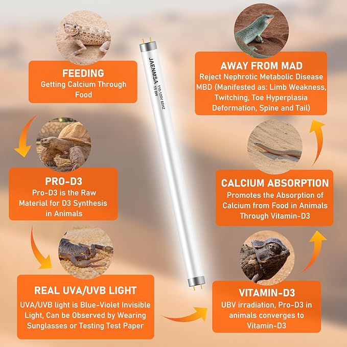 T5 10.0 UVB Reptile Light Bulbs 8W, UVA UVB HO Light Bar Bulbs 12 Inch for Reptiles,Bearded Dragon, Leopard Gecko,Tortoise,Reptile & Amphibian Replacement Tube Lamp 2 Pack