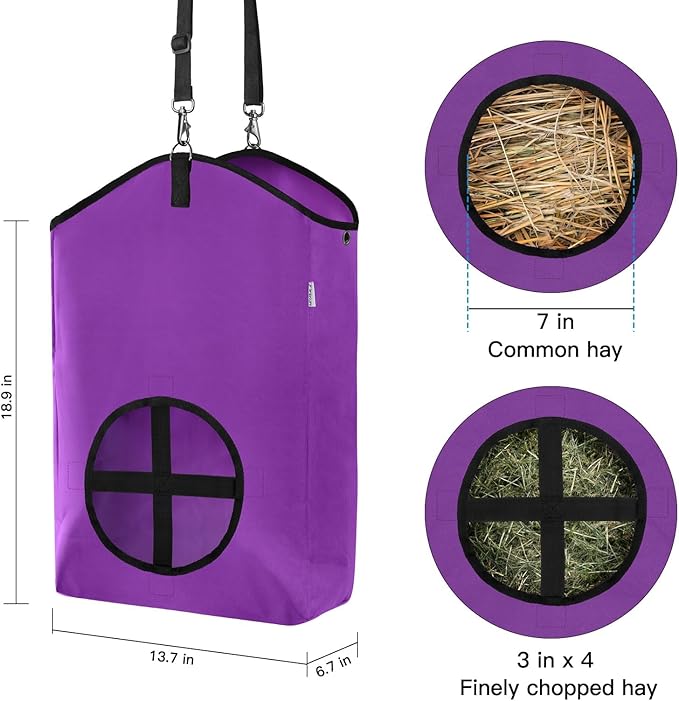 Goat Hay Feeder,Hay Bags for Goats,Horses,Sheep,Premium 600D Oxford Cloth,with Metal Fastener and Adjustable Open Feed Hole for Slow Feeding,Easy to Fill and Hang with Large Opening (Purple)