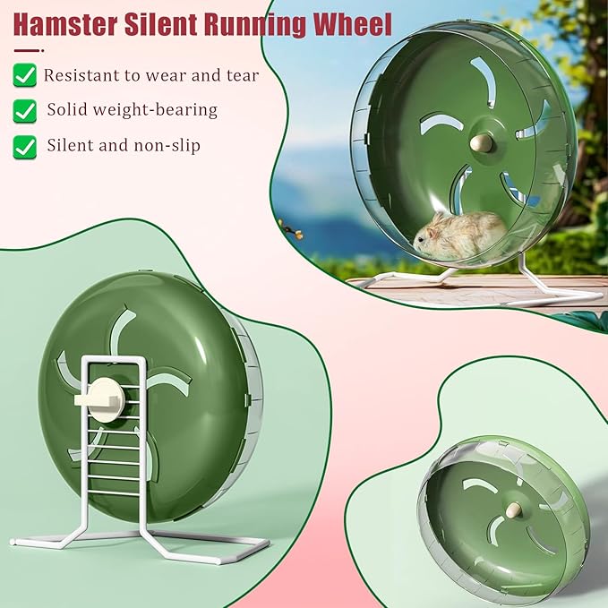 Hamster Wheel Silent, 8.3 Inch Large Gerbil Hedgehog Wheel, Adjustable Stand Quiet Spinner Syrian Hamster Running Wheels for Chinchilla Dwarf Pet Small Animals Cage Exercise, Green