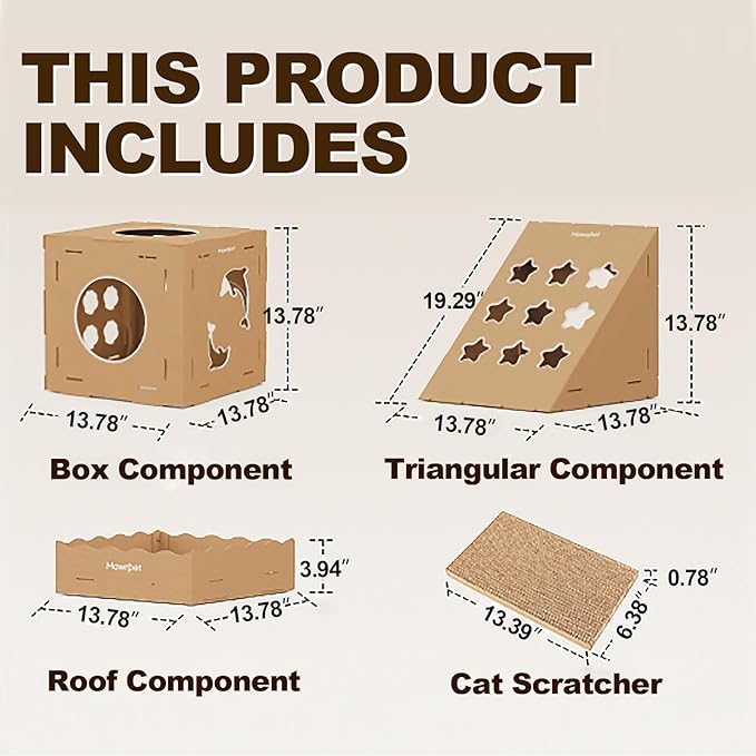 DIY Cardboard Cat House with Scratching Pad, Cat Tower Indoor Play House, Versatile Cardboard Cat Tunnel Box for One or More Pets, Indoor Use Rabbit Hideout Cave Castle Brown, 6 Parts