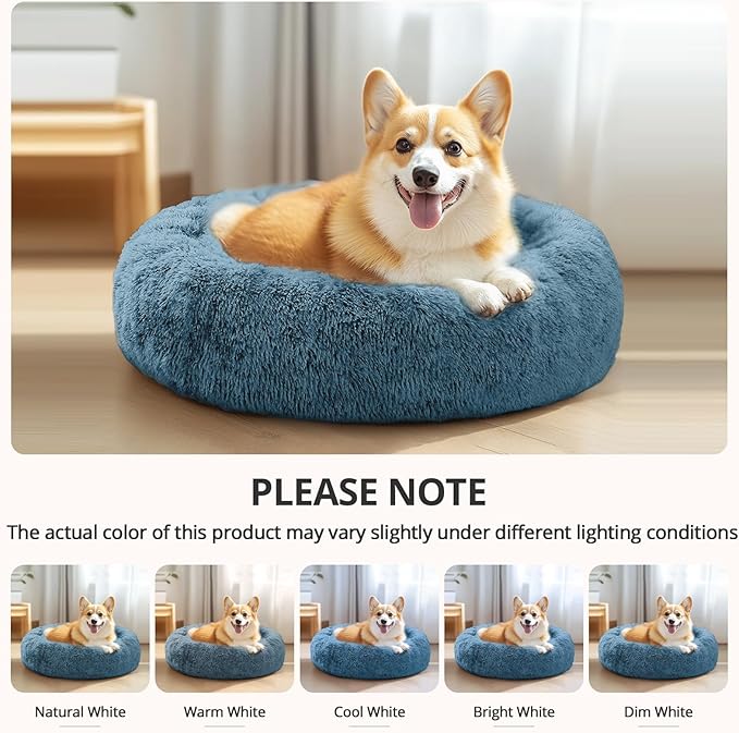 JOLLYVOGUE Calming Dog & Cat Bed for Small Dogs, Anti-Anxiety Donut Cuddler Cozy Soft Round Bed with Anti-Slip Bottom, Fluffy Faux Fur Plush Cushion Beds for Small Medium Dogs (27")