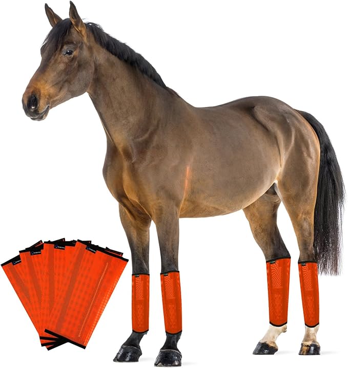 FOXLVDA Horse Fly Boots - Fly Boots for Horses Set of 4, Comfortable Horse Leggings, Mesh Material Design with Metal Support Bars for Reduces Stomping & Leg Fatigue (Orange, Medium)
