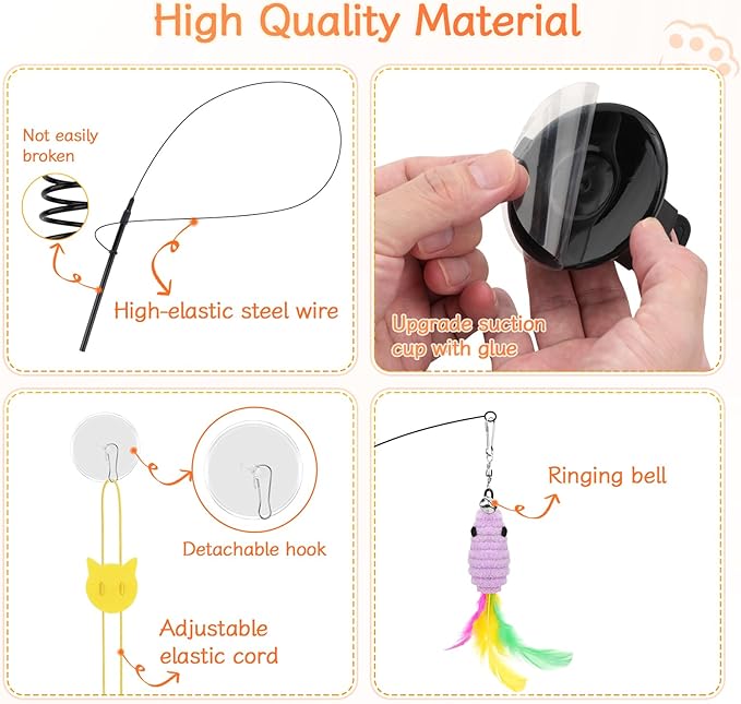 Interactive Cat Toys, 15PCS Cat Wand and Feather Toys for Indoor Cats, Reusable Suction Cup Toys for Kittens Play Exercise (Suction Model)