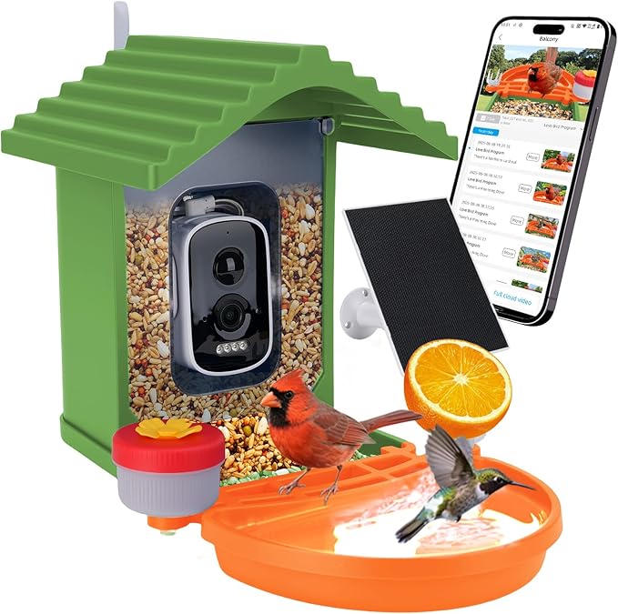 Smart AI Bird Feeder with Camera,2.5K HD Live View,Solar Powered,Instant Birds Species Recognition,Real Time Alerts,Wireless Birdhouse with Night Vision,Green