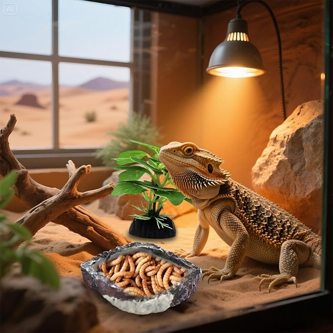 Bearded Dragon Accessories, 2 Pack Reptile Bowl for Feeding and 1 Artificial Plant Decor, Aquarium Habitat Decoration Set for Bearded Dragon, Gecko, Tortoise, Snake, Frog, Other Small Reptile