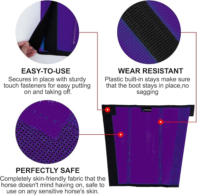 FOXLVDA Horse Fly Boots - Fly Boots for Horses Set of 4, Comfortable Horse Leggings, Mesh Material Design with Metal Support Bars for Reduces Stomping & Leg Fatigue (Purple, Medium)