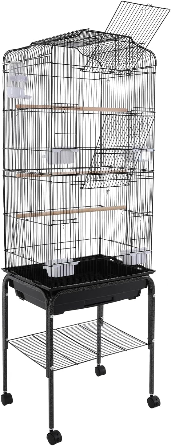 Bird Cage with Universal Wheels, Freestanding Parakeet Birdcage, Large Iron Flight Bird Cages 360° Full Hollow Design Pigeons Parrot, 18x15x54 Inch, with Feeding Bowls, Waterer (Black)