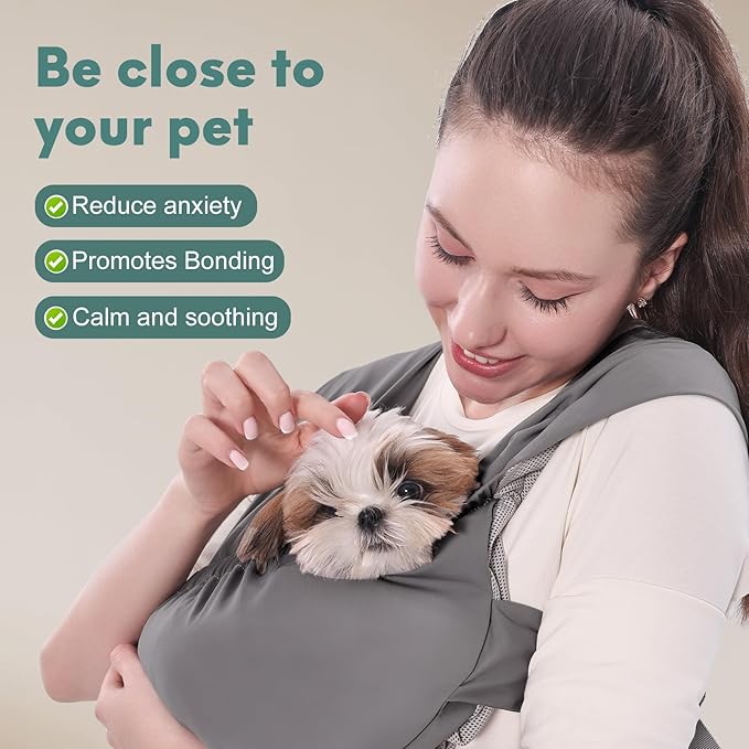 Supet Dog Sling Carrier for Small Pets, Hands Free Cat Sling, Reducing Back Neck Pain Anti-Anxiety Puppy Front, Adjustable Soft Dog Carrying (Grey, Regular)