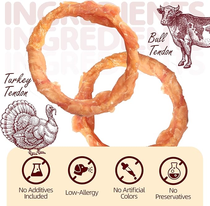 TailParty Turkey Tendons for Dogs, 4.66 oz, Dog Training Treats, Natural Long-Lasting Chew Snacks, High-Protein Beef Tendons, Healthy Hypoallergenic Turkey Ring(6 Units/Pack)