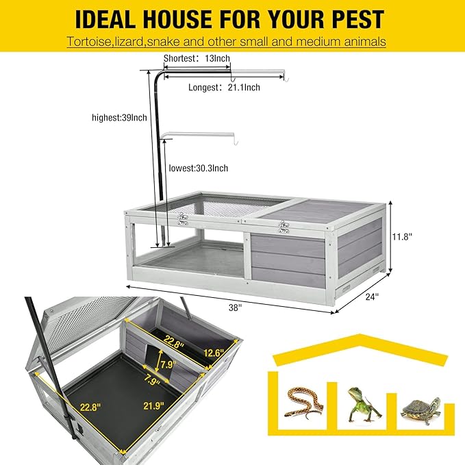 Tortoise Habitat Tortoise House Wooden Large Turtle Enclosure for Small Reptile Animals Outdoor & Indoor Use, Adjustable Lamp Holder Include