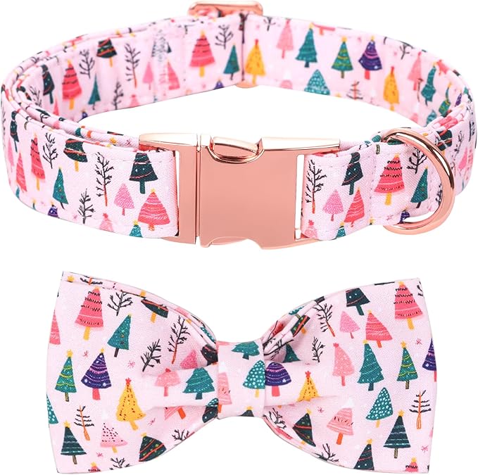 Christmas Dog Collar, Pink Christmas Tree Soft Comfortable Collars with Bow Adjustable Pet Collar with Premium Metal Buckle Dog Necklace for X-Large Girl Dogs