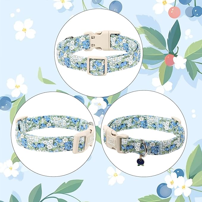 Blueberry Pattern Dog Collar, Cute Light Blue Spring Summer Puppy Collar - Soft Adjustable Designer Dog Collars for Small Medium Large Dogs XL