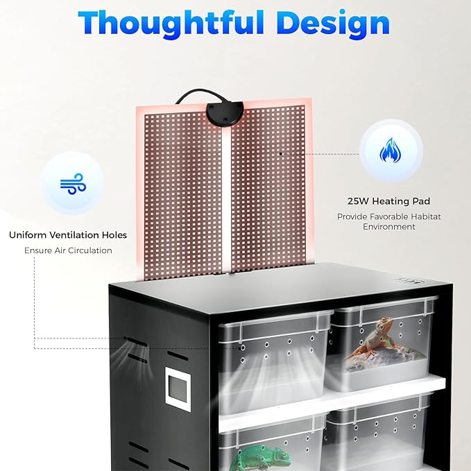 8-Grid Pet Breeding Box, Large Reptile Cage Clear Pet Terrarium Tank Multipurpose 2mm Breathing Hole Multipurpose Feeding Box with 25W Constant Temperature Heating Pad