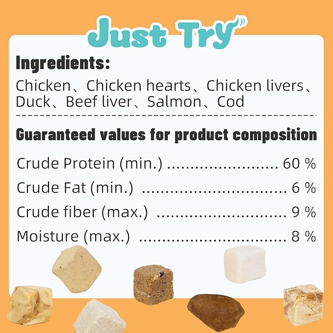 Just Try 7-in-1 Freeze-Dried Dog Teats Mix for Dogs & Cats - Chicken, Duck, Salmon, Cod, Liver & Heart - Grain-Free, Training & Treats