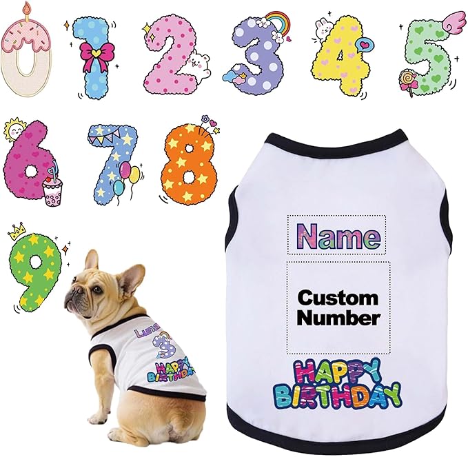 Custom Dog Birthday Shirt,Personalized Pet Apparel Print with Name Age Number,Pet Birthday Outfit,Lightweight Breathable Cotton Vest for Small Medium Large Dogs Cat (White + Black Border, X-Large)