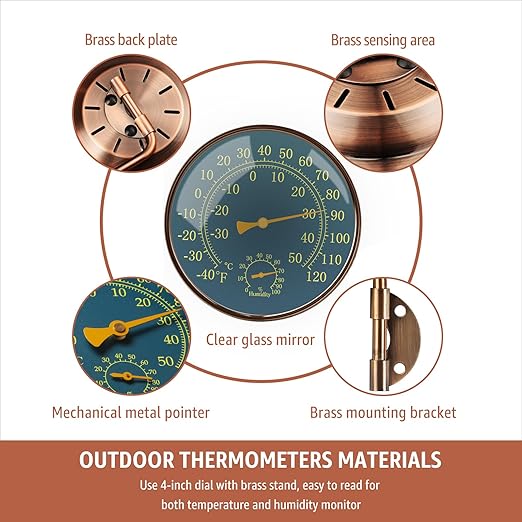 6-Inch Outdoor Thermometer and Humidity Gauge, Window Thermometer for Outside Temperature and Humidity Monitor, Brass Analog Dial, Battery-Free for Patio, Garage, Greenhouse, Garden, Wall