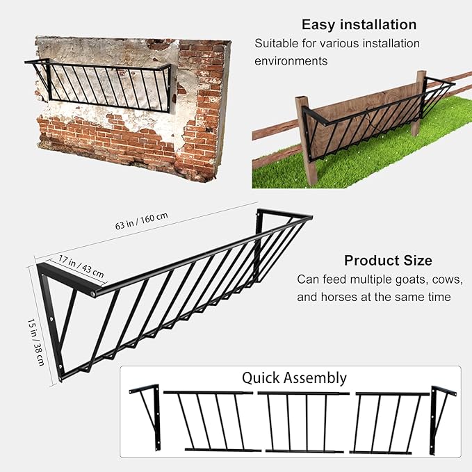 Goats Hay Feeder, 67 Gallon Large Capacity, Heavy Duty Iron Wall Hay Rack, Blanket Holder, 63'' Long for Goats,Horses,Cattle and Other Livestock, Farm Indoor and Outdoor Use, black