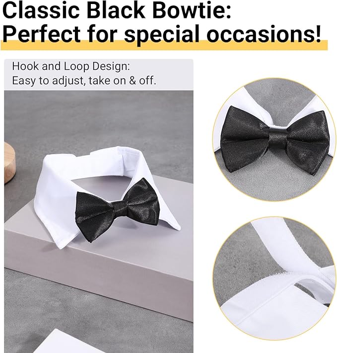 Segarty Black Bow Tie Dog Collar for Neck Girths 10.2-12.6 in, Tux Bowtie with Handcrafted Adjustable White Collar Formal Pet Cats Puppies Necktie for Wedding Birthday Party