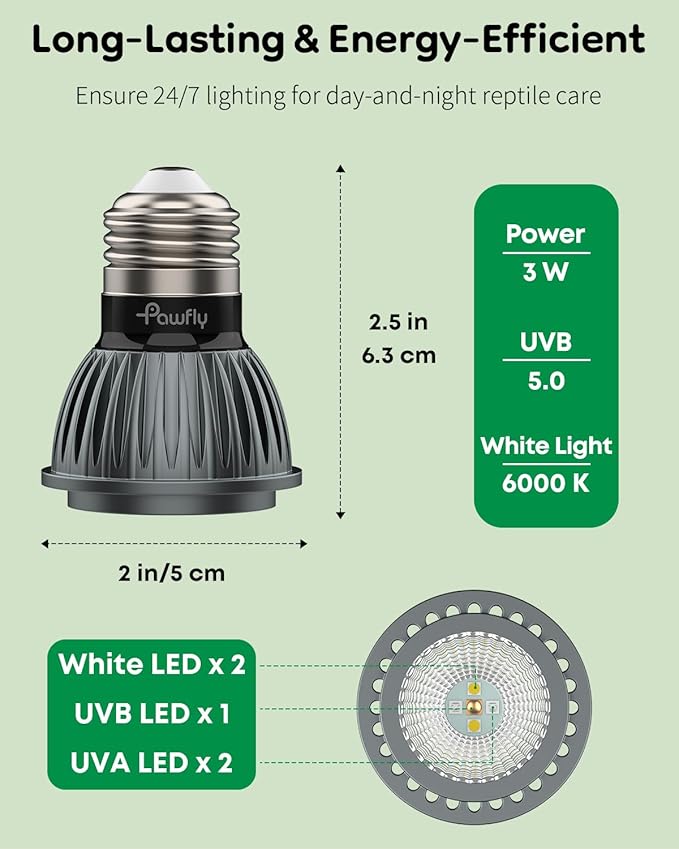 Pawfly UVB Light for Reptiles, 3 W 5.0 UVB Bulb, Tropical Reptile UVA UVB Lamp for Calcium & Vitamin D3 Synthesis, High Intensity LED Lamp for Turtle, Lizard & Red-Footed Tortoise