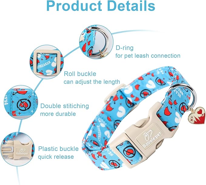 Valentines Dog Collar, Blue Heart Dog Collar, Cute Loving Heart Printed Collar with Quick Release Plastic Buckle for Boys&Girls Dogs, Large