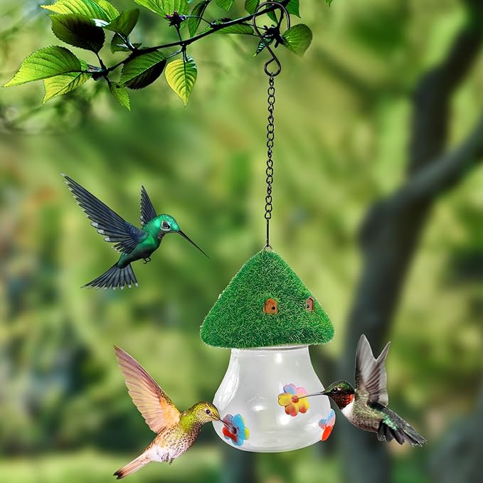 Hummingbird Feeders for Outdoors Hanging - Mushroom House Shape Bird Drinker, Water Resistant Leak Proof,Garden Birds Watching Patio Decoration with 3 Silicone Flower Feeding Ports (Tie dye Flower)
