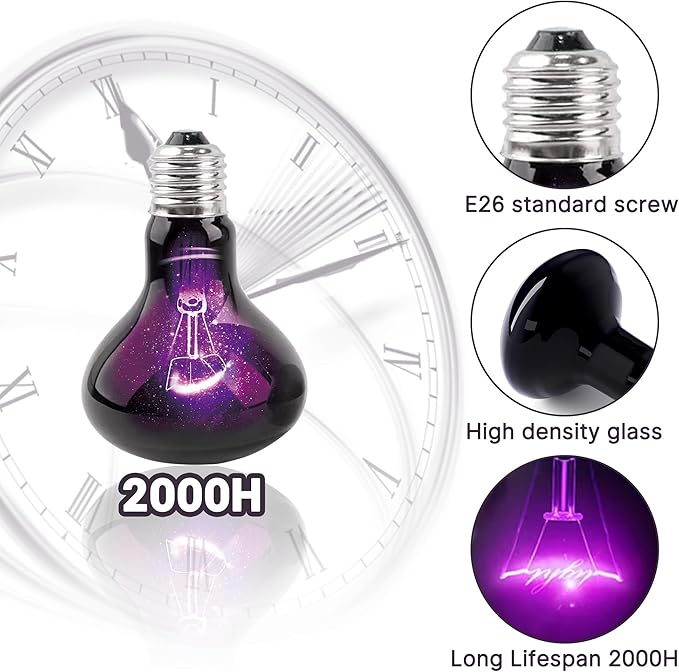 60W Reptile Night Light Bulb, UVA Heat Lamp - Simulate Natural Moonlight, Purple Basking Lamp for Bearded Dragon, Lizard, Snake, Chameleon & Amphibians, Ideal for Aquariums Tanks|Pack of 2