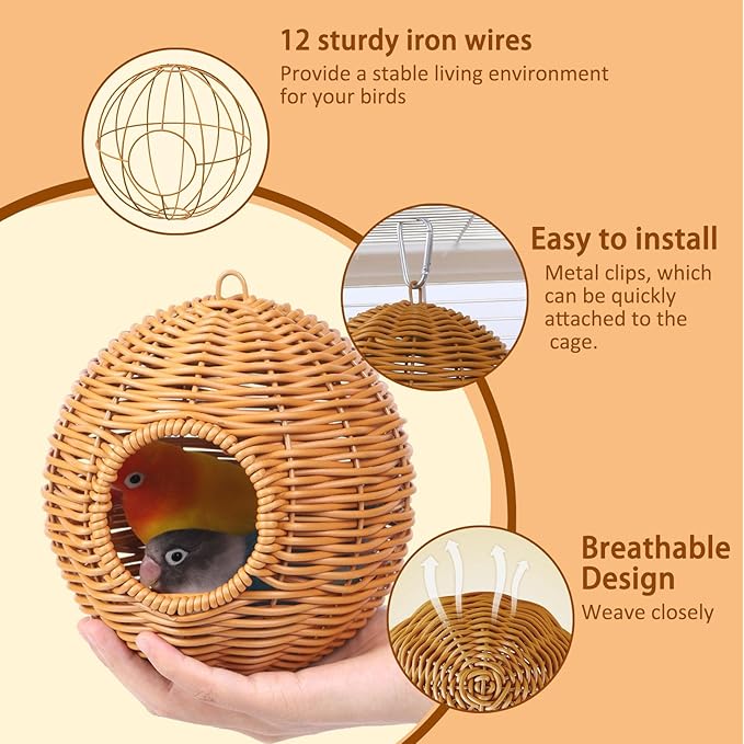 Rattan Bird Nest for Cage，Hanging Parrot Breeding Nesting House Washable Soft Lay Warm Sleep Hut Bird Cage Accessories for Cockatiels Budgerigars Finches Canaries