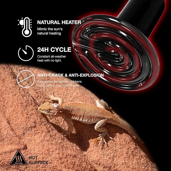 Ceramic Heat Emitter, 2-Pack 100W, Reptile Heat Lamp Bulbs, Ceramic Heating Bulb for Reptiles, Amphibian, Chick, Dog, Snake Leopard Gecko Bearded Dragon Heat Lamp