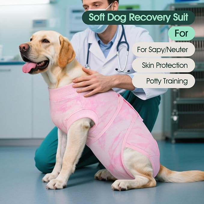 Kuoser Dog Surgery Recovery Suit, Anti Licking Pet Surgical Suit for Dogs Male Neuter, Female Dog Surgery Suit for Spay Subsititute E-Collar Cone, Dogs Body Suits After Surgery Pink Tie Dye M