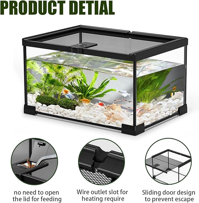 Small Reptile Glass Terrarium Tank: 2.5 Gallon Enclosure Cage with Lockable Top Opening Aquarium Habitat for Crested Gecko, Lizard, Snake, Chameleons, Turtle, Tarantula, Tree Frog (12"x8"x6")