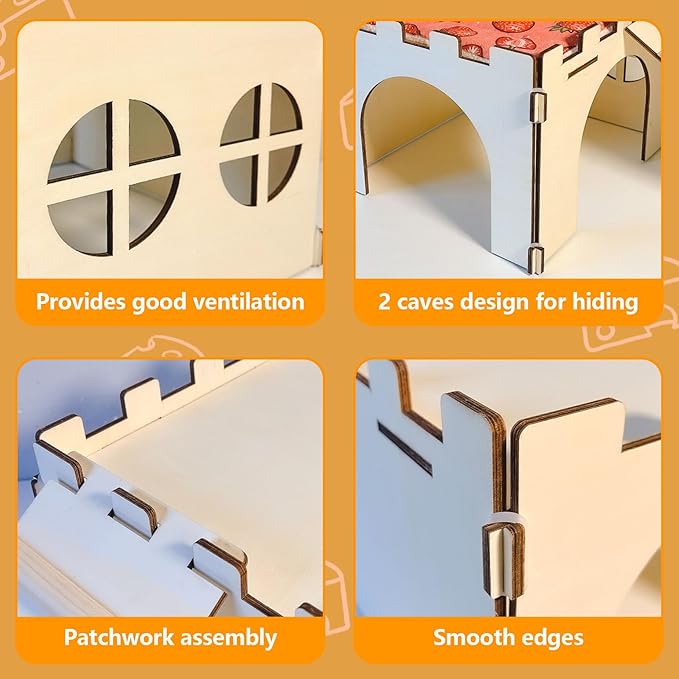 Guinea Pig Hideout,Large Wooden Guinea Pigs House with Stairs and Mats,Detachable Guinea Pig Castle Hide for Small Animals Hamster Chinchilla Ferret Habitats Accessories