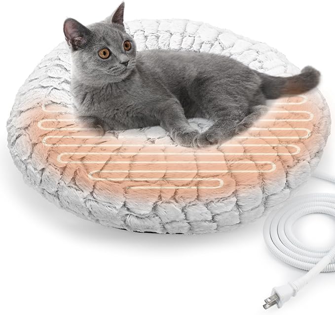 Heated Cat Bed Indoor, Round Heated Pet Bed for Indoor Cats 19" Soft & Cozy Donut Electric Pet Heating Pad for Kitten Cat