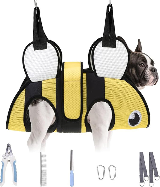 Dog Grooming Hammock for Small Dogs Cats, Cute Bee Design Dog Hanging Harness for Nail Trimming/Clipping, Pet Sling with Grooming Kit and Thick Neck Support & Strap Restraint Claw Care, M
